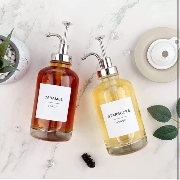 NWT Glass Coffee Syrup Dispenser Bottles with 84 Labels (Set of 2)Coffee Pump - Picture 7 of 7